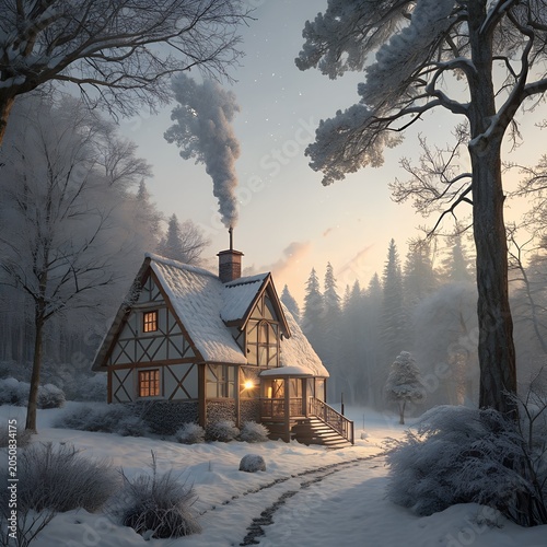 Cozy Snow-Covered Cottage with Smoking Chimney in a Winter Forest Landscape.
