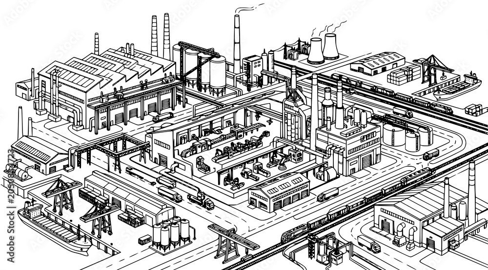 Fototapeta premium Detailed industrial complex illustration with factories smokestacks and transportation networks in black and white