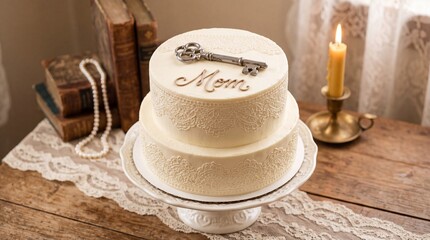 Elegant two tier vintage white cake with lace icing decoration and antique key for Mother's Day