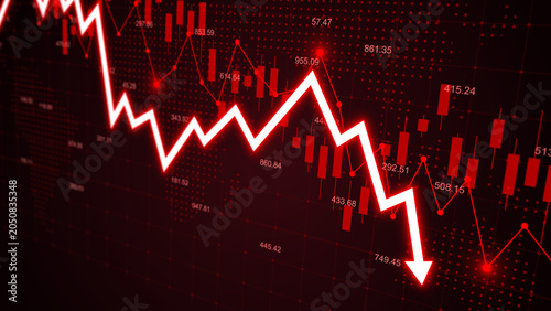 Quadro su tela Stock market losses and bankruptcy with descending trading graph and downward ar