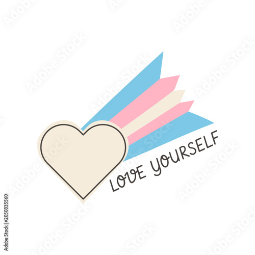 Retro shooting heart with transgender pride flag and Yourself slogan isolated on white. 90s aesthetic pop art illustration with trans flag colors for LGBTQ pride month celebration. Vector.