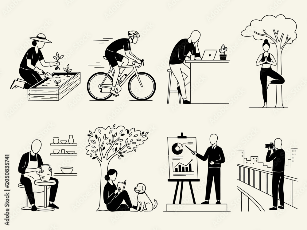 Fototapeta premium Set of diverse minimalist line art illustrations depicting various daily life hobbies and professional work activities