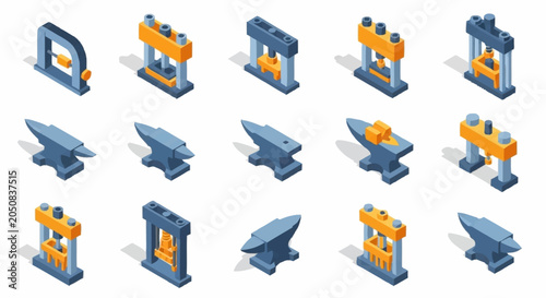 Photography Collection of isometric icons representing blacksmithing tools, including various anvils and hydraulic presses, isolated on a white background