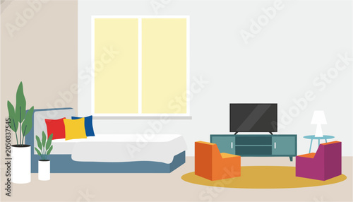 Quadro su tela Modern minimalist living room interior with bed and television during daytime