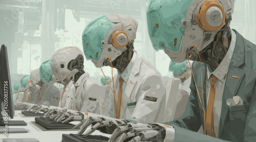 Group of humanoid robots in business suits sit at their desks typing on keyboards in futuristic office environment, focused and efficient