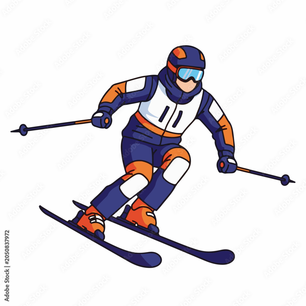 Obraz premium A cartoon skier in a blue, white, and orange suit descends a snowy slope