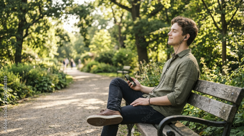 Fototapeta premium Young Man Relaxing in Park with Digital Detox Phone. Enjoying music, disconnecting from screens, embracing nature and self-care.