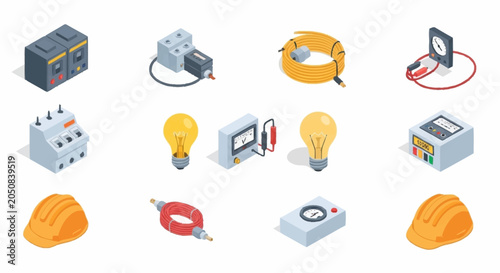 Quadro su tela Collection of isometric electrical equipment and tools for industry and construction