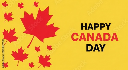 Canada day celebration red maple leaves and festive greeting on yellow background