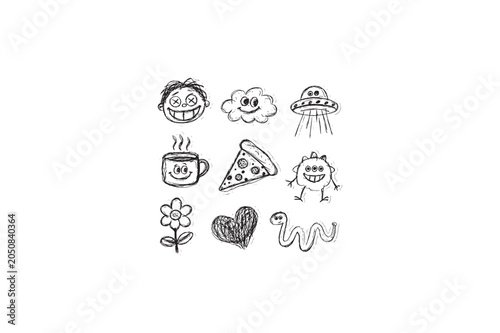 Assortment of hand-drawn funny doodles and scribble shapes, presented as a collage of paper cut-out stickers. Funky, grunge aesthetic for scrapbooking. Black vector silhouettes image.