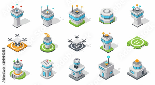 Foto Collection of isometric airport control towers and drone landing pads, representing aviation and air traffic control