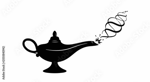 Mystical genie lamp releasing swirling smoke and magic