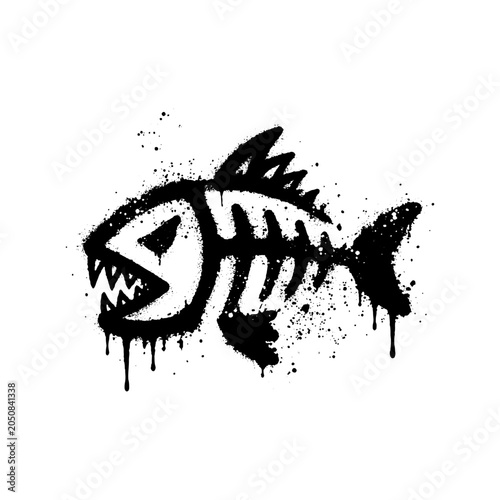 Edgy Fish Bone Skeleton Graffiti Stencil Vector Silhouette Art Illustration