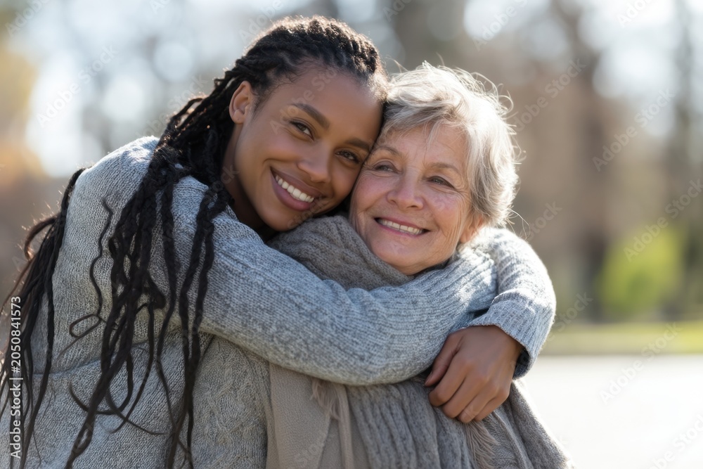 Fototapeta premium The Two Women Embracing in a Warm Multigenerational Family Moment Outdoors