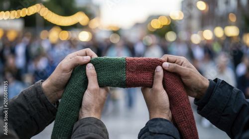 Diverse hands holding a dual heritage knitted scarf, symbolizing unity and shared passion for football among fans.