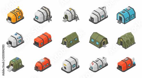 Photos Collection of isometric icons representing various types of tents and temporary shelters, suitable for camping, disaster relief, or military use