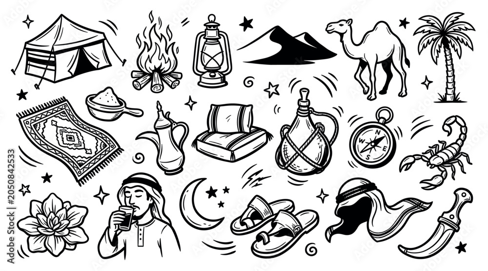 Obraz premium Hand-drawn black and white desert travel icons including a camel, tent, palm tree, and traditional items on a clean background