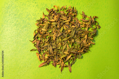Dried mistletoe (mistletoe growing on pine trees) scattered on fresh snow beside a white ceramic cup. Natural winter herbal composition with copy space, showcasing traditional botanical ingredients, s