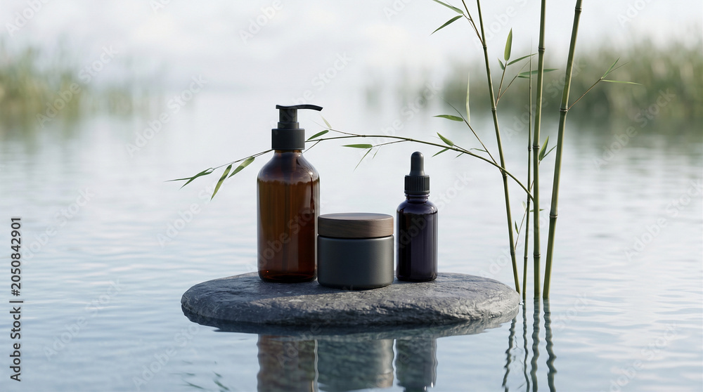 Obraz premium Cosmetic bottles sit on a grey stone surrounded by calm water and green bamboo stalks to showcase natural skincare product.