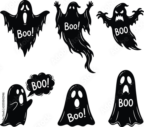 Quadro su tela Collection of spooky ghost illustrations with boo text