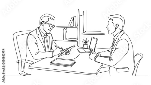 Two businessmen discussing documents at office desk.