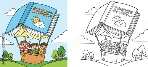 Foto Kids flying in a hot air balloon shaped like a storybook, with colored and black