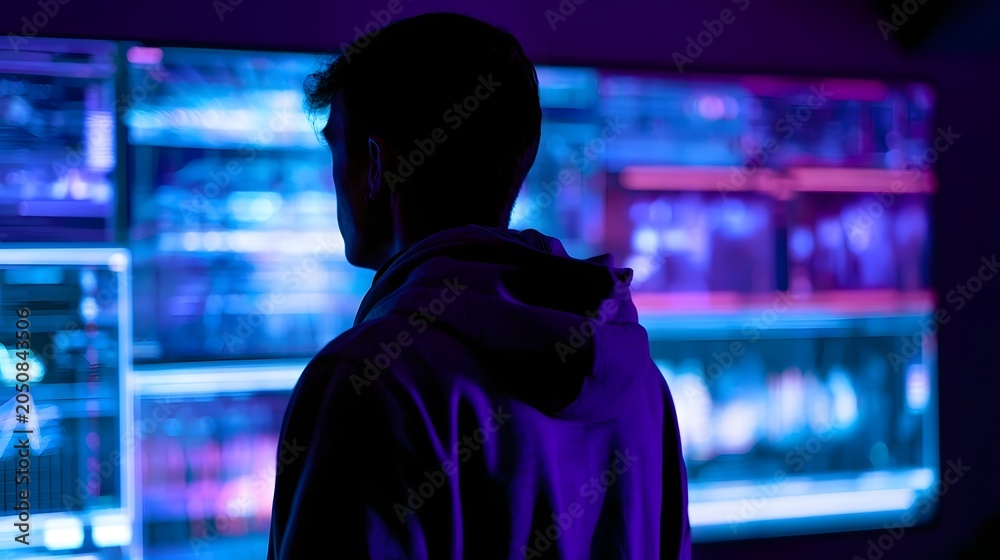 Obraz premium A person viewed from behind stands before a glowing futuristic interface emphasizing a modern and digital environment