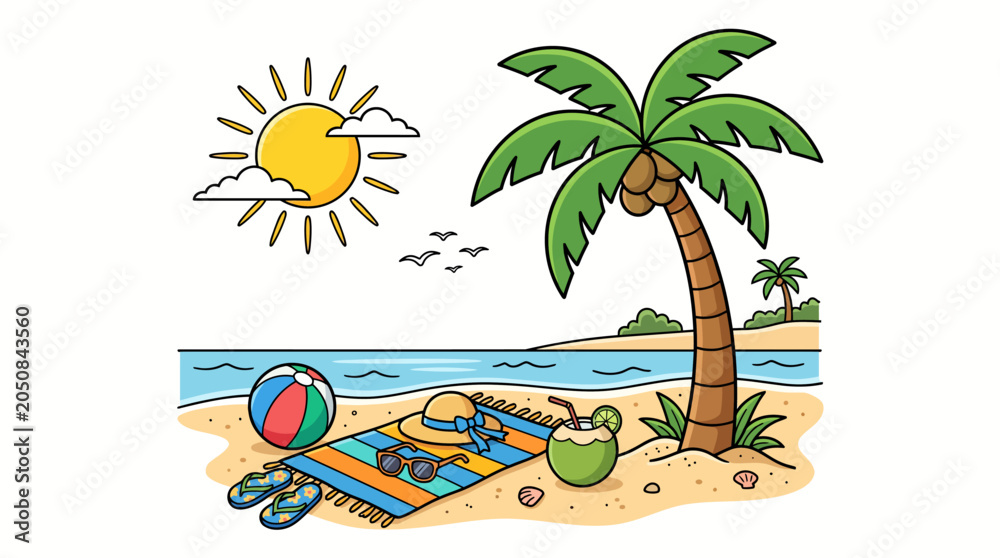 Obraz premium Tropical Palm Tree Beach Illustration Isolated on White Background