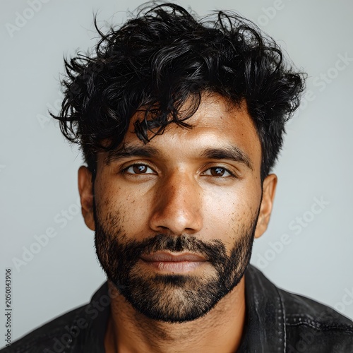 Young indian man with a beard gazing directly at the camera on a neutral background