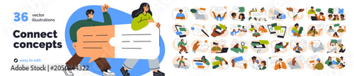 Communication, connect concepts set. Icons of people texting, sending messages, emails. Digital chat, conversation, group discussion on internet. Flat vector illustrations isolated on white background