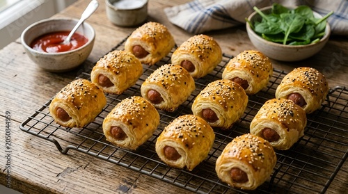 Freshly Baked Sausage Rolls Pigs in a Blanket on Cooling Rack with Sesame Seeds and Ketchup Dipping Sauce Background