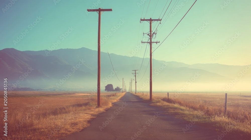 Obraz premium Serene Country Road with Power Lines and Majestic Mountain View Under Soft Morning Light in Rural Landscape