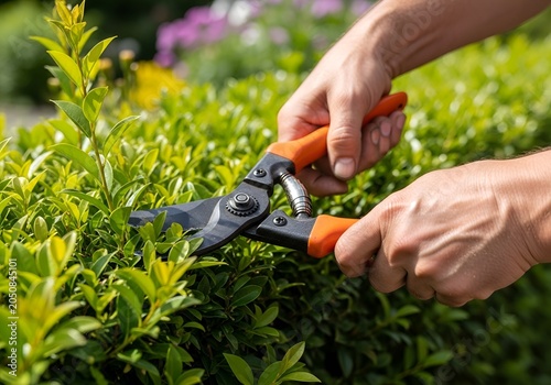 Gardener Trimming Green Bush Hedge with Orange Pruning Shears Professional Gardening Maintenance and Landscaping Work