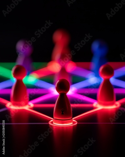 Vibrant and Colorful Dolls Connected Through Glowing Lines in a Dynamic Workforce Concept Illustrating Collaboration and Interaction