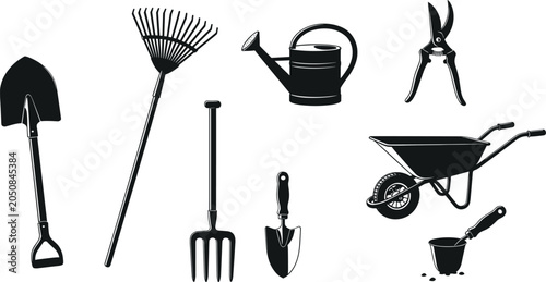Foto Gardening tools silhouette vector collection featuring shovel, rake, watering ca
