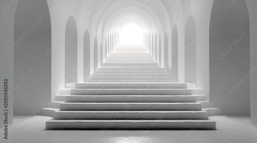 Fototapeta premium Minimalist White Architectural Staircase with Arches Leading to Bright Light