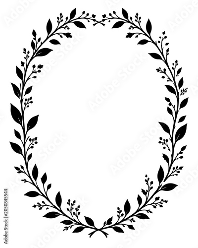 Oval frame consists of intertwined branches and small buds forming a graceful circular border for elegant graphic design layouts and personalized stationery items.