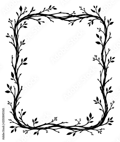 Branch frame creates a natural rectangular border composed of delicate twigs and small leaves suitable for wedding invitations or decorative graphic design projects.
