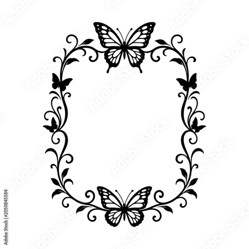 Butterfly frame consists of delicate floral vines and symmetrical winged insects arranged in a rectangular layout for nature-themed graphic designs.