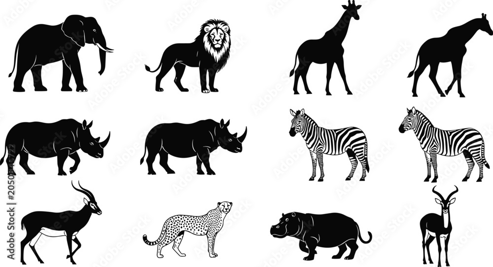 Obraz premium African safari wild animals silhouette collection featuring elephant, lion, giraffe, zebra, rhino, and cheetah isolated on white background