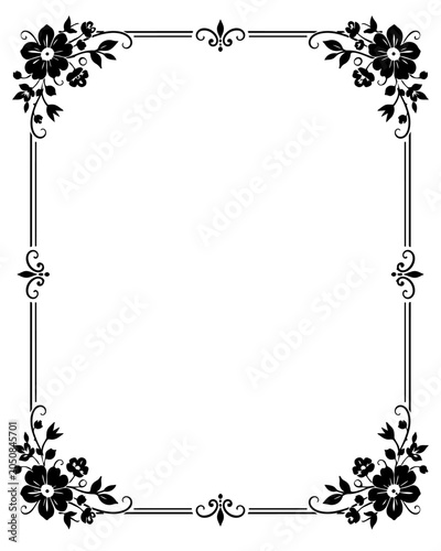 Frame decorated with floral motifs provides a classic rectangular border design for invitations, certificates, and elegant paper documents.