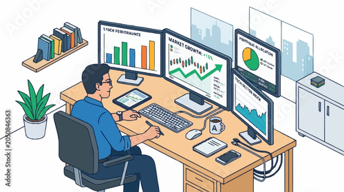 Man working at a desk with multiple computer monitors displaying financial charts and graphs.