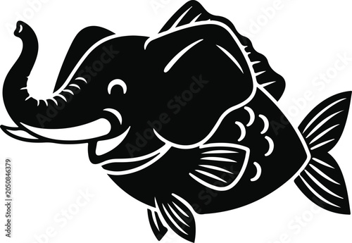 Whimsical black silhouette of a fish with an elephant head hybrid creature