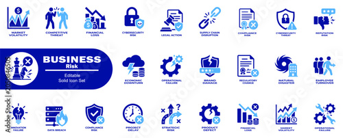 Business risk editable solid icon set. Collection of market volatility, competitive threat, financial loss, cybersecurity risk, and legal action vectors.
