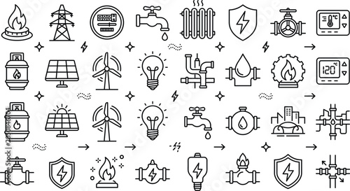Home utilities power energy supply and green sustainability line art vector icons collection featuring solar panels wind turbines gas heating