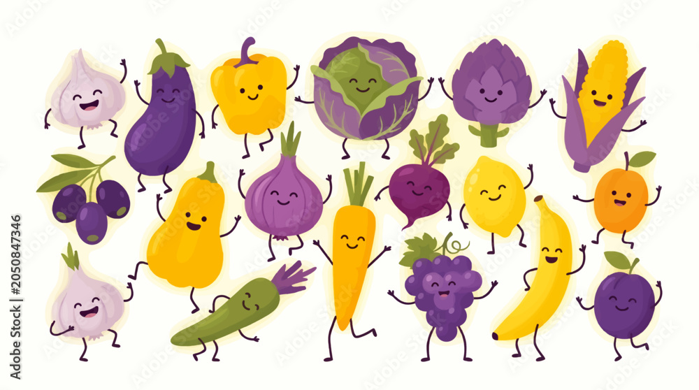 Fototapeta premium Happy Anthropomorphic Vegetables and Fruits Dancing Together, Flat Illustration Style, Colorful Characters with Smiling Faces and Arms Raised, Fun Healthy Food Concept
