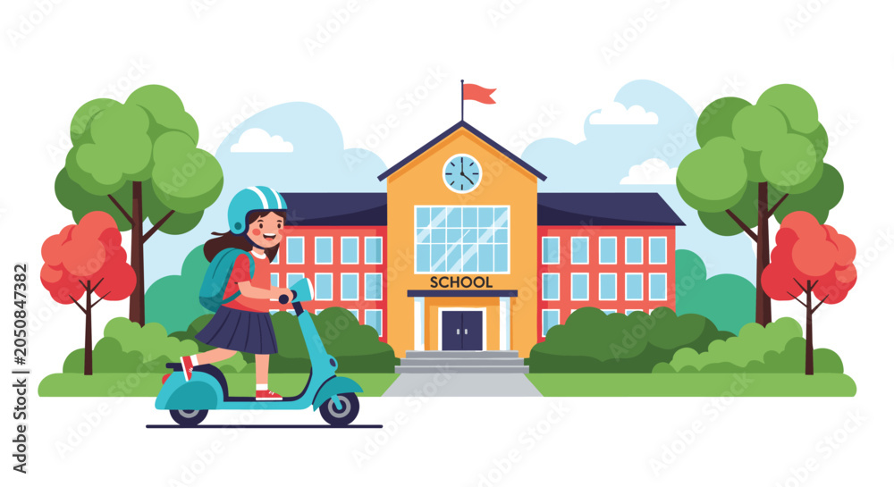Obraz premium Happy schoolgirl wearing a safety helmet and backpack riding a blue scooter in front of a primary school building.