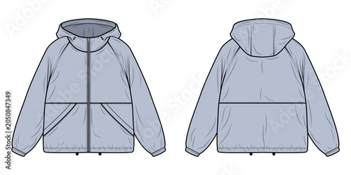 Men and Women Hooded Windbreaker Jacket Technical Flat Sketch Vector Template Front and Back View