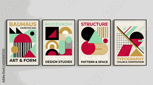 Set of Four Bauhaus Style Abstract Posters Featuring Geometric Shapes and Typography, Modern Art Exhibition Design with Bauhaus Principles, Art & Form, Geometry, Structure, Typography
