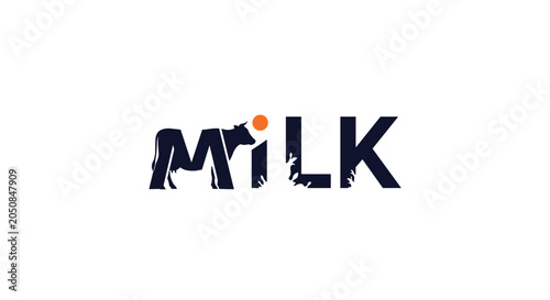 Creative logo for the word milk featuring a cow silhouette within the letter M and a drop as an orange dot on a white background.